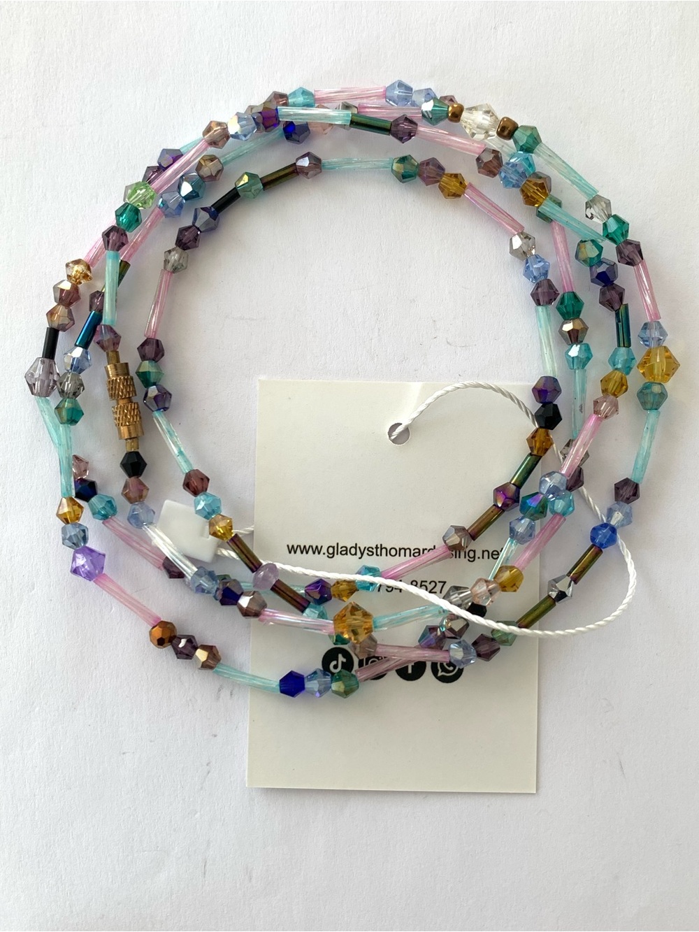 Multicolored crystal bicone & Tubular beads waist chain Pastel Mix 39’’ long